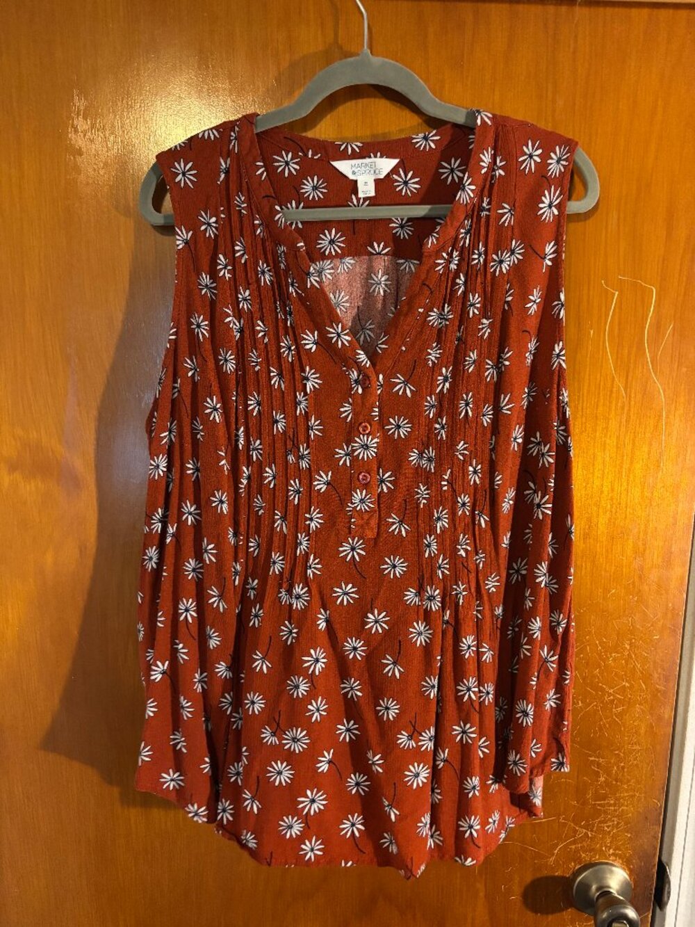 Market & Spruce Rust Orange Daisy Floral Pintuck Henley Tank Top Size 2X Boho